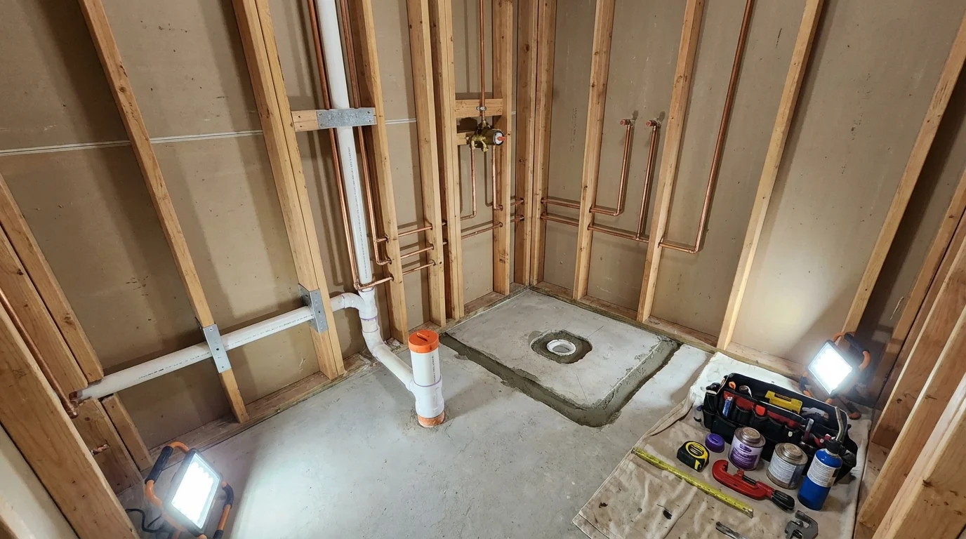 Bathroom rough-in plumbing during remodel by Johns Plumbing LLC in Jal