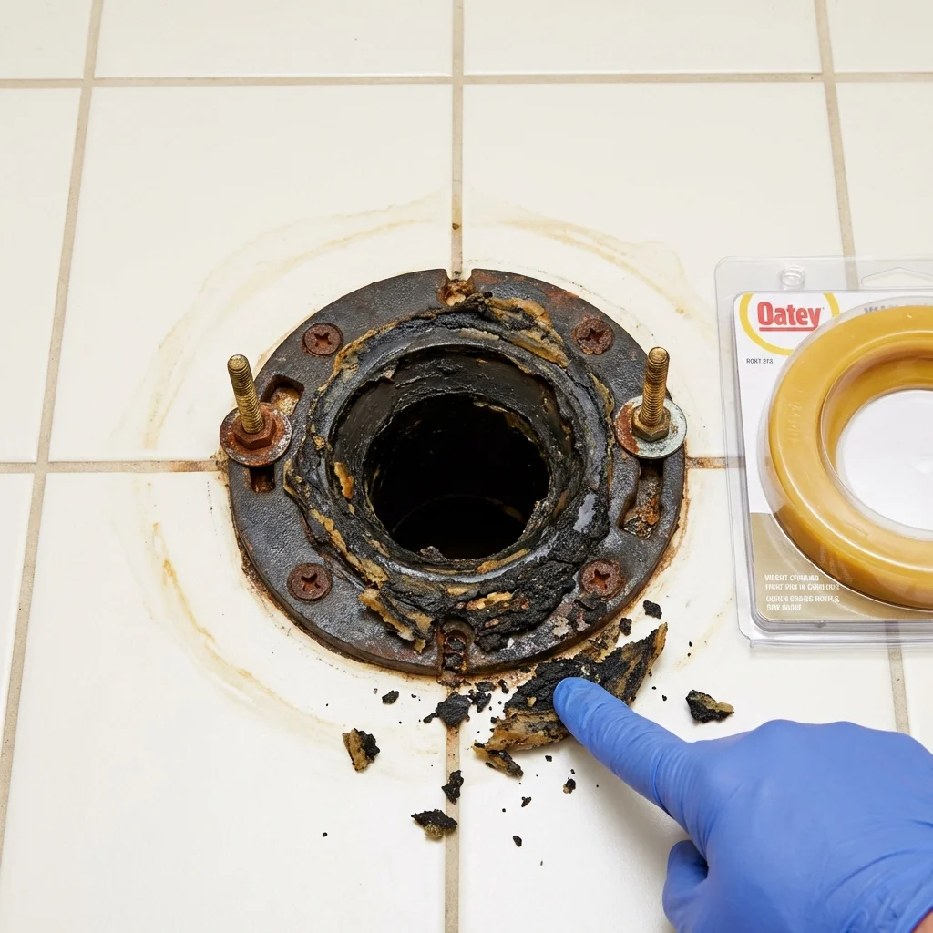 Failed wax ring showing water seepage at the base of a toilet in a Jal, NM home